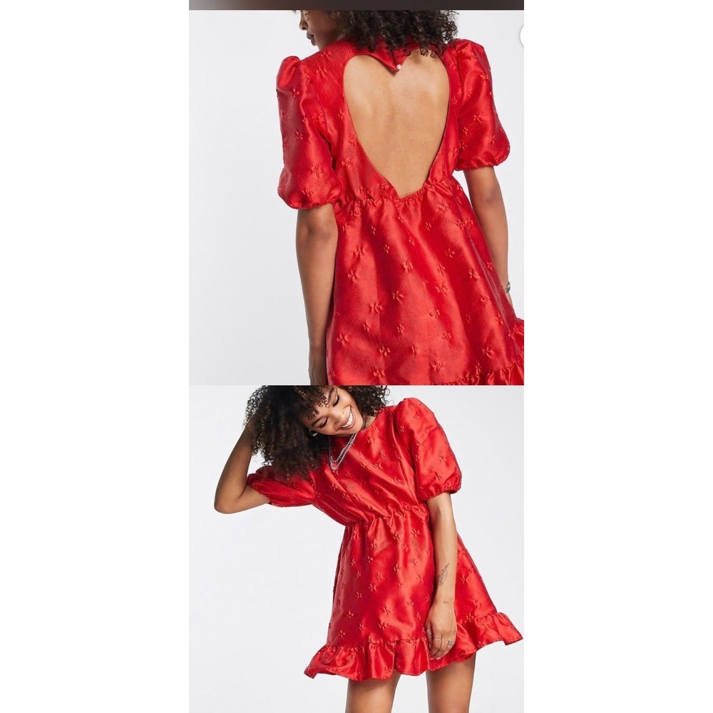 Sister Jane Red Heart Cutout Back Jacquard Puff Sleeve Mini Dress coquette small